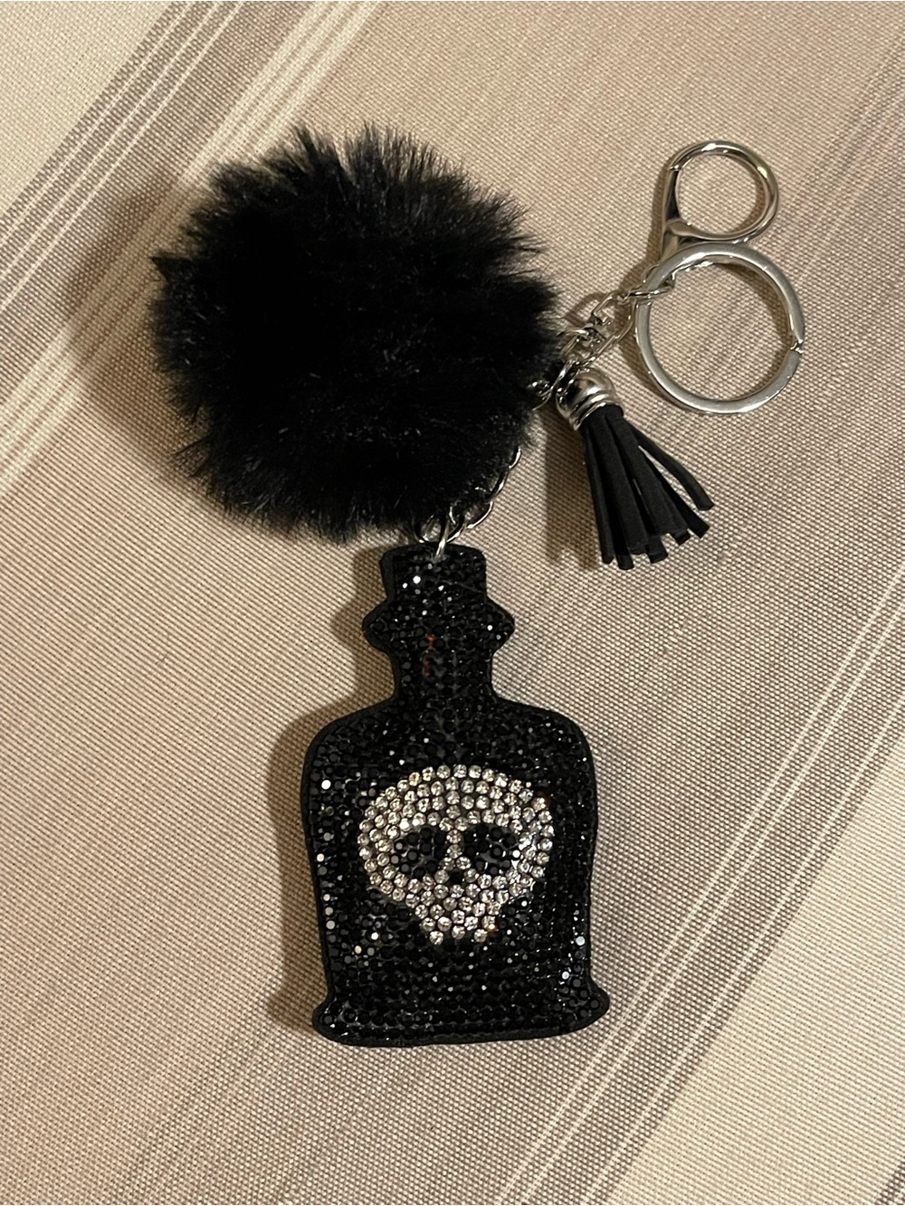 Black Crystal Skull Bottle Keychain with Pom Pom and Tassel